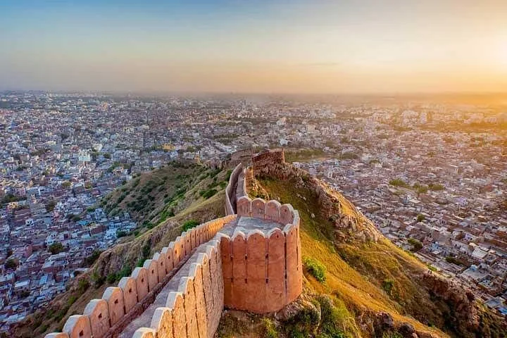 A breathtaking view of the sunset over the city from Nahargarh Fort.